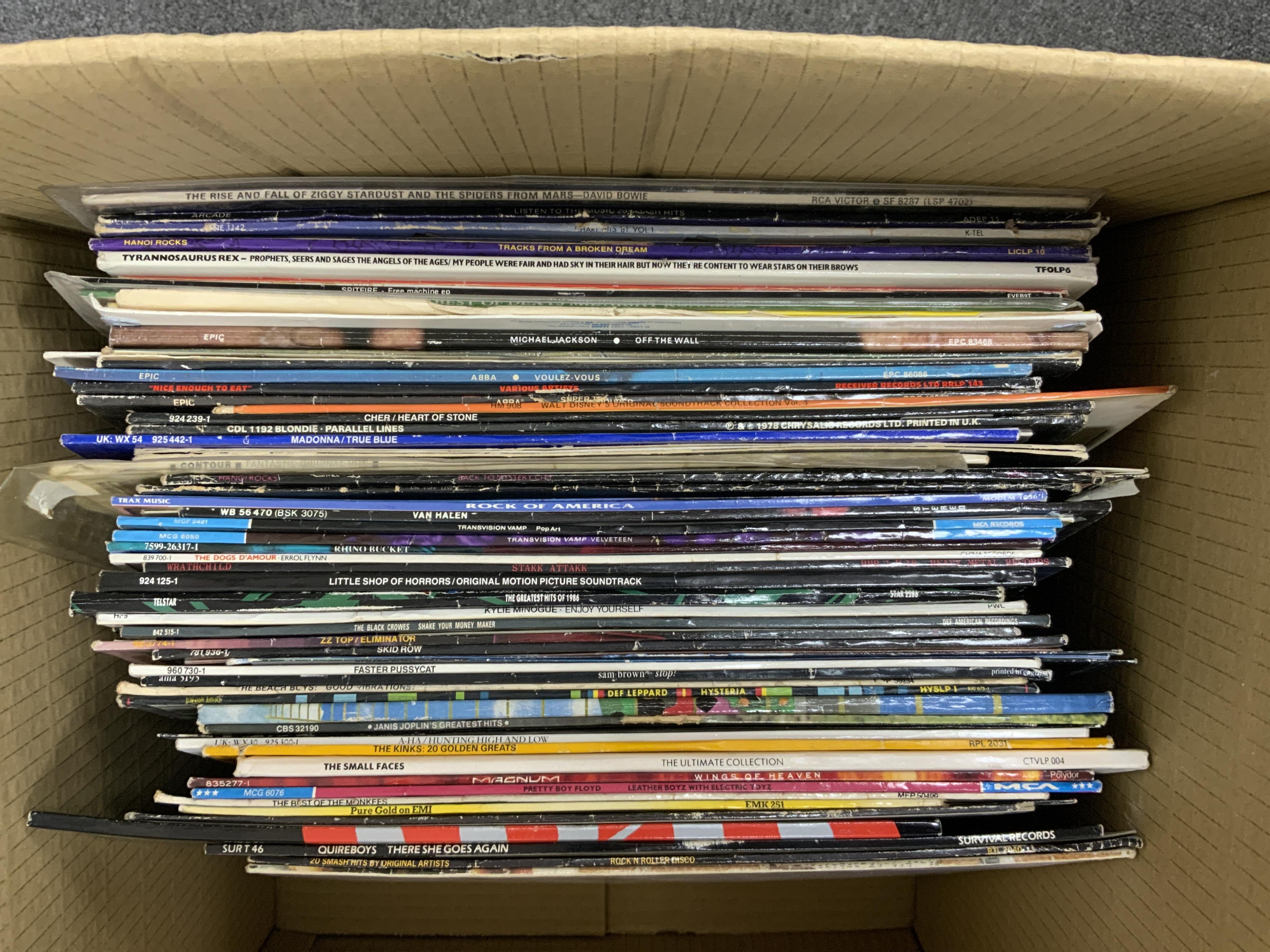 Seventy LP record albums, 12” singles, compilations, etc. artists including; David Bowie, Quireboys, Michael Jackson, ABBA, Blondie, The Clash, The Cure, Kylie Minogue, The Black Crowes, Skid Row, Def Leppard, Janis Jopl